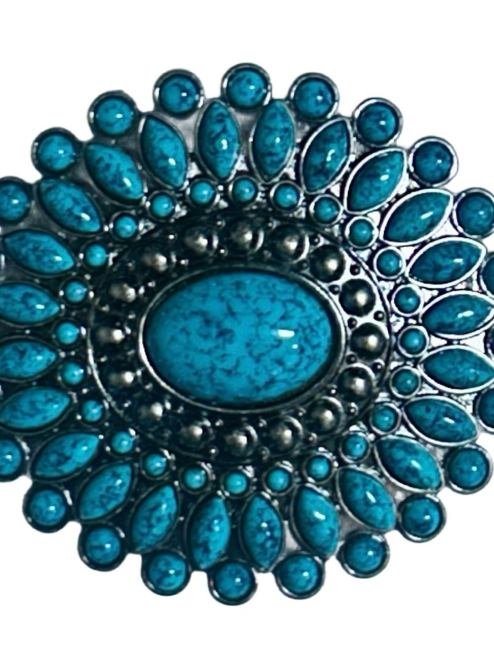 Women ~ Oval Flower Faux Turquoise Stones W/ Silver Tone Belt Buckle